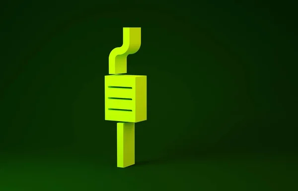 Icono del silenciador del coche amarillo aislado sobre fondo verde. Tubo de escape. Concepto minimalista. 3D ilustración 3D render — Foto de Stock