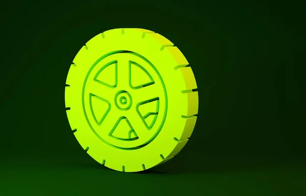 Icona ruota auto gialla isolato su sfondo verde. Concetto minimalista. Illustrazione 3d rendering 3D — Foto Stock