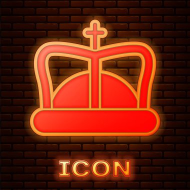 Glowing neon King crown icon isolated on brick wall background.  Vector Illustration