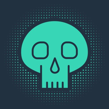 Yeşil Kafatası simgesi mavi arkaplanda izole edildi. Soyut çember rastgele noktalar. Vektör İllüstrasyonu