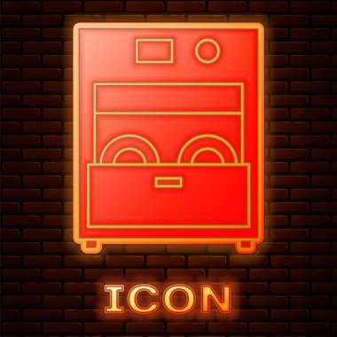 Parlayan neon mutfak bulaşık makinesi ikonu tuğla duvar arka planında izole edilmiş. Vektör İllüstrasyonu