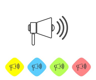 Megafon gri çizgi simgesi beyaz arkaplanda izole edildi. Yüksek sesle konuşma uyarısı. Ağızlık için megafon, terfi diye bağırıyor. Renkli eşkenar dörtgen düğmelerine simgeleri yerleştir. Vektör İllüstrasyonu
