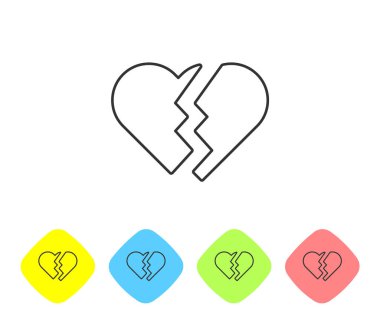 Kırık kalp ya da boşanma simgesi beyaz arka planda izole edilmiş. Aşk sembolü. Sevgililer Günü. Renkli eşkenar dörtgen düğmelerine simgeleri yerleştir. Vektör İllüstrasyonu