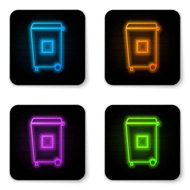 Parlayan neon çöp kutusu simgesi beyaz arkaplanda izole edildi. Çöp kutusu tabelası. Sepet simgesini geri dönüştür. Ofis çöpü ikonu. Siyah kare düğme. Vektör İllüstrasyonu