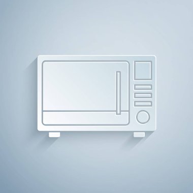 Kağıt kesiği mikrodalga fırın ikonu gri arka planda izole edilmiş. Ev aletleri simgesi. Kağıt sanatı tarzı. Vektör İllüstrasyonu
