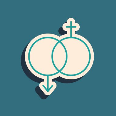 Mavi arkaplanda yeşil cinsiyet simgesi izole edildi. Erkek ve kadın sembolleri. Seks sembolü. Sevgililer Günü konsepti. Uzun gölge tarzı. Vektör İllüstrasyonu