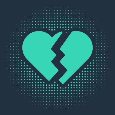 Mavi arka planda yeşil kırık kalp ya da boşanma ikonu var. Aşk sembolü. Sevgililer Günü. Soyut çember rastgele noktalar. Vektör İllüstrasyonu