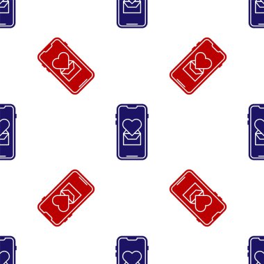 Kalp ikonuna sahip mavi ve kırmızı cep telefonu beyaz arka planda izole edilmiş pürüzsüz desen. Sevgililer Günü. Vektör İllüstrasyonu