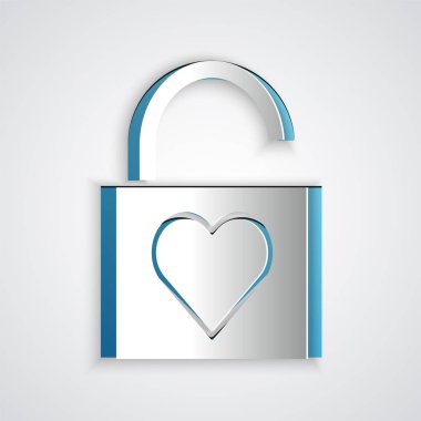 Kağıt kesiği Kilit ve kalp simgesi gri arkaplanda izole edildi. Kilitli Kalp. Aşk sembolü ve anahtar deliği işareti. Sevgililer Günü sembolü. Kağıt sanatı tarzı. Vektör İllüstrasyonu