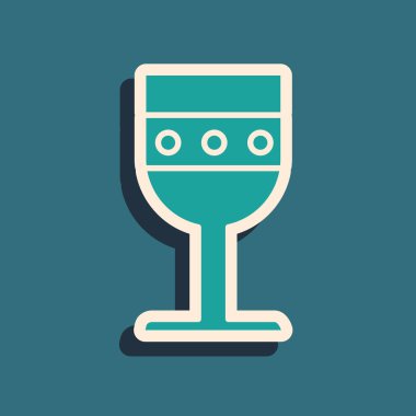 Mavi arka planda yeşil ortaçağ kadeh ikonu izole edildi. Uzun gölge tarzı. Vektör İllüstrasyonu