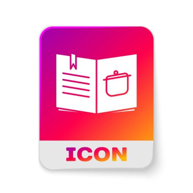 Beyaz yemek kitabı simgesi beyaz arkaplanda izole edildi. Yemek kitabı ikonu. Yemek tarifi kitabı. Çatal ve bıçak ikonları. Çatal bıçak sembolü. Dikdörtgen renk düğmesi. Vektör İllüstrasyonu