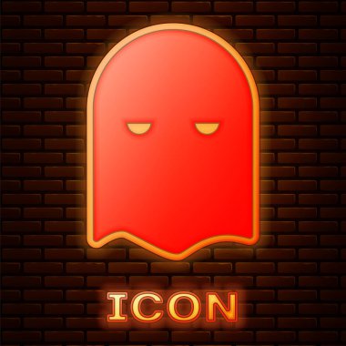 Parlayan neon cellat maskesinin simgesi tuğla duvar arka planında izole edildi. Cellat, işkenceci, uygulayıcı, işkenceci, kasap, cellat ikonu. Vektör İllüstrasyonu