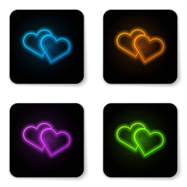 Parlayan neon kalp simgesi beyaz arkaplanda izole edildi. Romantik sembol, bağlanma, tutku ve düğün. Sevgililer Günü sembolü. Siyah kare düğme. Vektör İllüstrasyonu