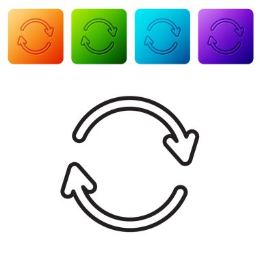 Siyah çizgi yenileme simgesi beyaz arkaplanda izole edildi. Sembolü yeniden yükle. Döndürme okları daire işareti şeklinde. Renkli kare düğmelerle simgeleri ayarla. Vektör İllüstrasyonu