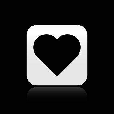 Kara Kalp simgesi siyah arkaplanda izole edildi. Romantik sembol, bağlanma, tutku ve düğün. Sevgililer Günü sembolü. Gümüş kare düğme. Vektör İllüstrasyonu