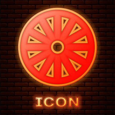 Glowing neon Old wooden wheel icon isolated on brick wall background.  Vector Illustration