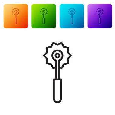 Siyah çizgi pizza bıçağı ikonu beyaz arka planda izole edilmiş. Pizza kesme tabelası. Çelik mutfak gereçleri. Renkli kare düğmelerle simgeleri ayarla. Vektör İllüstrasyonu