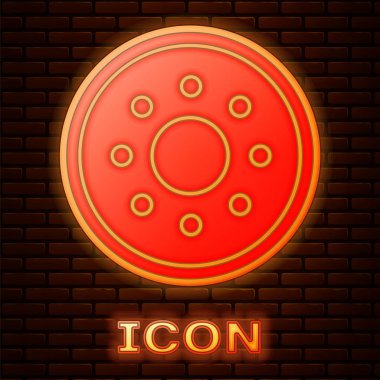 Glowing neon Round wooden shield icon isolated on brick wall background. Security, safety, protection, privacy, guard concept.  Vector Illustration