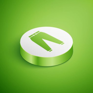 Yeşil arka planda izole edilmiş Isometric Spor Pantolon simgesi. Beyaz daire düğmesi. Vektör İllüstrasyonu