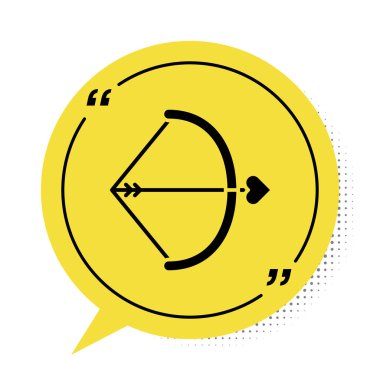 Beyaz arkaplanda siyah yay ve ok simgesi izole edildi. Aşk tanrısı sembolü. Aşk işareti. Sevgililer Günü konsepti. Sarı konuşma balonu sembolü. Vektör İllüstrasyonu