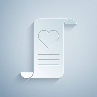 Kağıt kesiği Zarfta gri arka planda Sevgililer Günü kalp ikonu var. Mesaj aşkım. Aşk ve romantizm mektubu. Kağıt sanatı tarzı. Vektör İllüstrasyonu