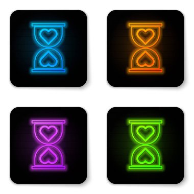 Glowing neon Heart in the center old hourglass icon isolated on white background. Valentines day. Black square button. Vector Illustration vector Glowing neon Heart in the center old hourglass icon isolated on white background. Valentines day. Black square button. Vector Illustration vector