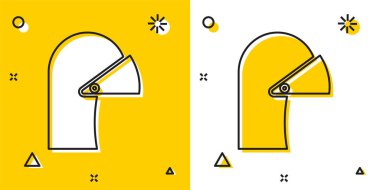 Siyah Ortaçağ demir miğferi, sarı ve beyaz arka planda izole edilmiş kafa koruma ikonu. Rastgele dinamik şekiller. Vektör İllüstrasyonu