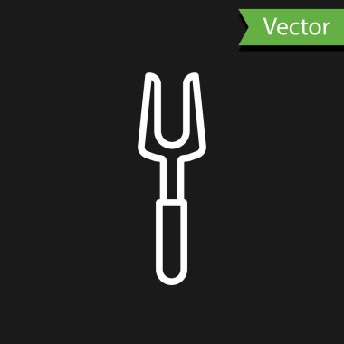Beyaz çizgi barbekü çatalı simgesi siyah arkaplanda izole edildi. Mangal çatalı işareti. Barbekü ve ızgara aleti. Vektör İllüstrasyonu