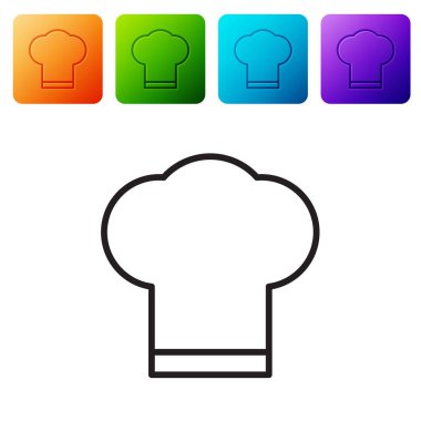 Siyah çizgi Şefi şapkası simgesi beyaz arkaplanda izole edildi. Aşçılık sembolü. Aşçı şapkası. Renkli kare düğmelerle simgeleri ayarla. Vektör İllüstrasyonu