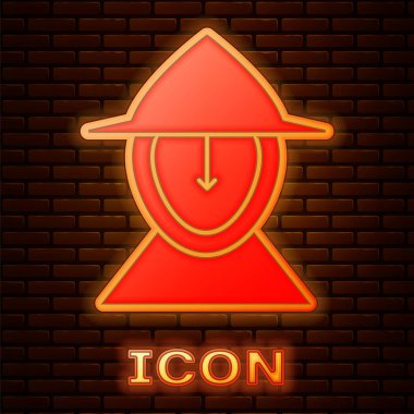 Glowing neon Medieval iron helmet for head protection icon isolated on brick wall background.  Vector Illustration