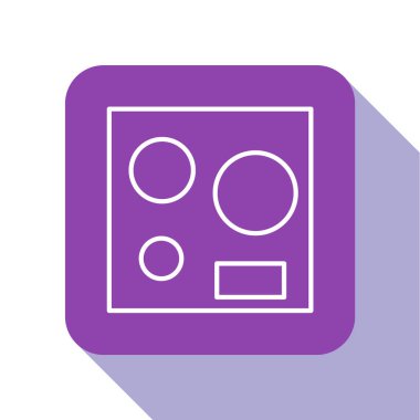 Beyaz çizgi elektrikli soba ikonu beyaz arka planda izole edildi. Mutfak tabelaları. Dört daire ocağı olan bir hob. Mor kare düğme. Vektör İllüstrasyonu