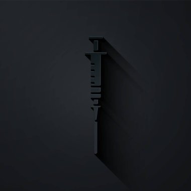 Kağıt kesiği Şırınga simgesi siyah arkaplanda izole edildi. Aşı için şırınga, aşı, iğne, grip aşısı. Tıbbi ekipman. Kağıt sanatı tarzı. Vektör İllüstrasyonu