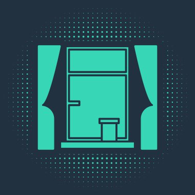 Mavi arka planda izole edilmiş oda simgesinde perdeleri olan yeşil pencere. Soyut çember rastgele noktalar. Vektör İllüstrasyonu