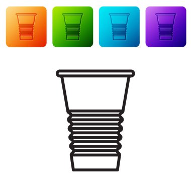 Siyah çizgi kağıt cam ikonu beyaz arkaplanda izole edilmiş. Soda bardağı. Taze soğuk içecek sembolü. Renkli kare düğmelerle simgeleri ayarla. Vektör İllüstrasyonu