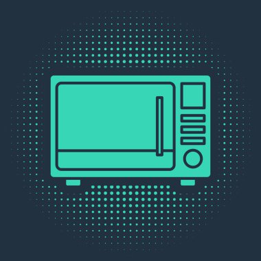 Mavi arkaplanda yeşil mikrodalga fırın ikonu var. Ev aletleri simgesi. Soyut çember rastgele noktalar. Vektör İllüstrasyonu