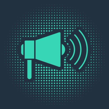Mavi arkaplanda yeşil megafon simgesi izole edildi. Yüksek sesle konuşma uyarısı. Ağızlık için megafon, terfi diye bağırıyor. Soyut çember rastgele noktalar. Vektör İllüstrasyonu