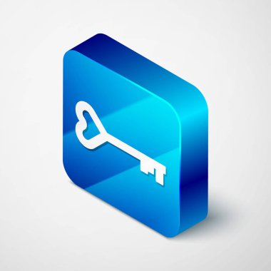 Beyaz arkaplanda izole edilmiş kalp şeklindeki Isometric Key simgesi. Sevgililer Günü sembolü. Mavi kare düğme. Vektör İllüstrasyonu