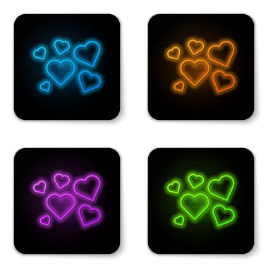 Parlayan neon kalp simgesi beyaz arkaplanda izole edildi. Romantik sembol, bağlanma, tutku ve düğün. Sevgililer Günü sembolü. Siyah kare düğme. Vektör İllüstrasyonu