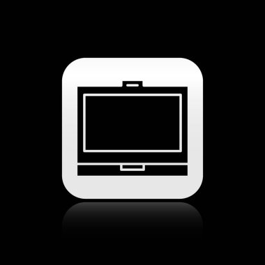 Siyah zemin üzerinde ayna simgesi olan siyah makyaj tozu. Gümüş kare düğme. Vektör İllüstrasyonu