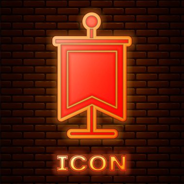 Glowing neon Medieval flag icon isolated on brick wall background. Country, state, or territory ruled by a king or queen.  Vector Illustration