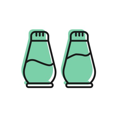 Beyaz arka planda siyah çizgi tuzu ve biber ikonu izole edildi. Yemek pişirme baharatları. Vektör İllüstrasyonu