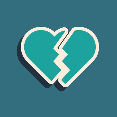 Mavi arka planda yeşil kırık kalp ya da boşanma ikonu var. Aşk sembolü. Sevgililer Günü. Uzun gölge tarzı. Vektör İllüstrasyonu