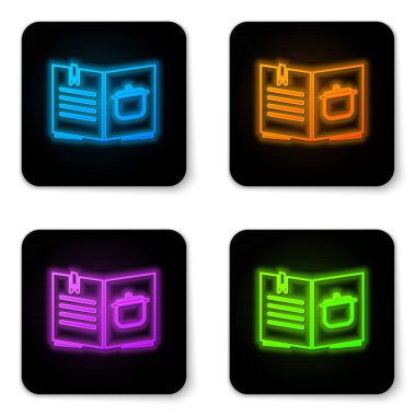 Parlayan neon yemek kitabı simgesi beyaz arkaplanda izole edildi. Yemek kitabı ikonu. Yemek tarifi kitabı. Çatal ve bıçak ikonları. Çatal bıçak sembolü. Siyah kare düğme. Vektör İllüstrasyonu