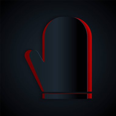 Kağıt kesiği, siyah arka planda izole edilmiş fırın eldiveni simgesi. Mutfak tutacağı işareti. Yemek eldiveni. Kağıt sanatı tarzı. Vektör İllüstrasyonu