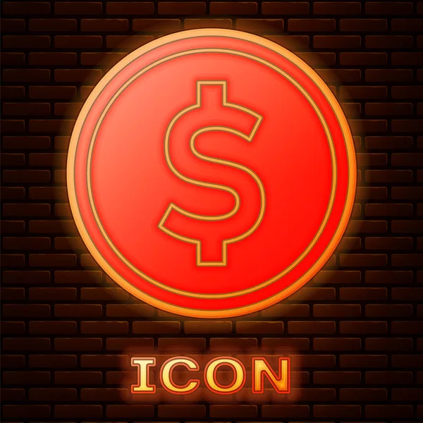 Glowing Neon Coin Money Dollar Symbol Icon Isolated Brick Wall — Stock Vector