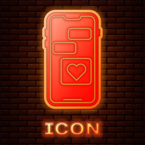 Glowing Neon Mobile Phone Heart Icon Isolated Brick Wall Background — ストックベクタ