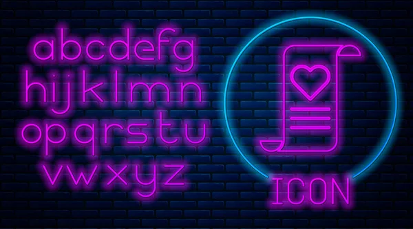 Gloeiende Neon Envelop Met Valentine Hart Pictogram Geïsoleerd Bakstenen Muur — Stockvector