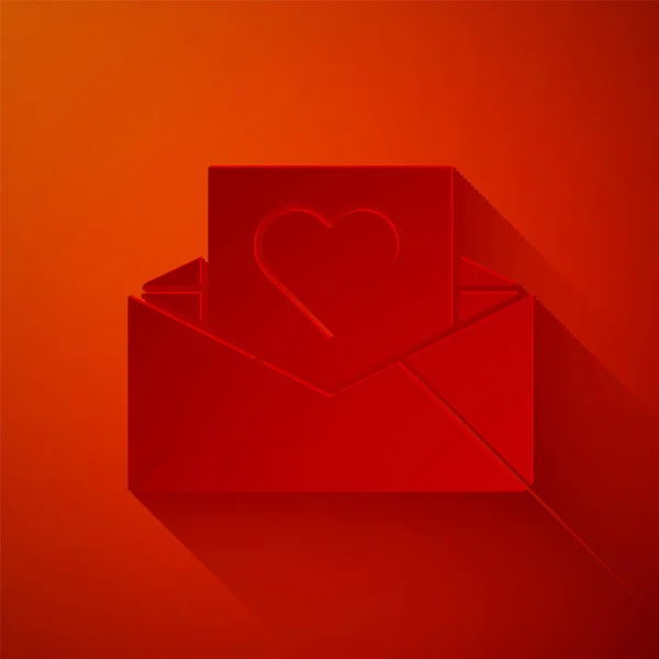 Paper Cut Envelope Valentine Heart Icon Isolated Red Background Message — 스톡 벡터