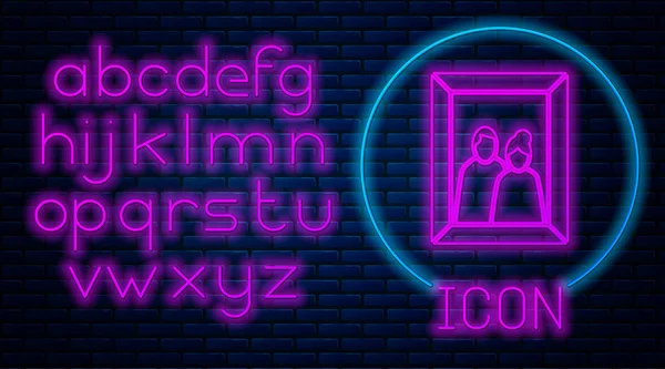 Glowing Neon Picture Frame Table Icon Isolated Brick Wall Background — Stock Vector