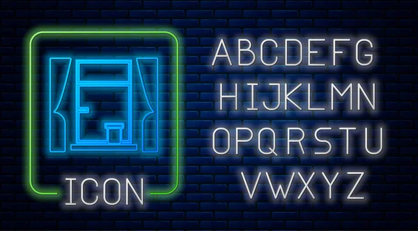 Сяюче Неонове Вікно Шторами Піктограмі Кімнати Ізольовано Фоні Цегляної Стіни — стоковий вектор